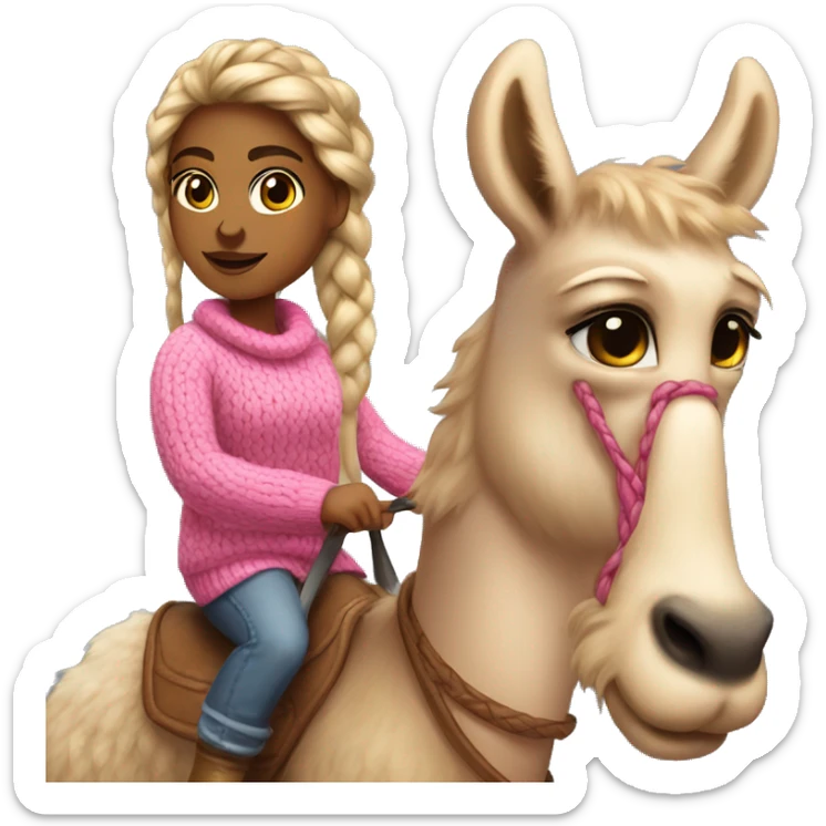 Girl riding lama with pink sweater and Ugg boots. Braided hair holding pizza sticker