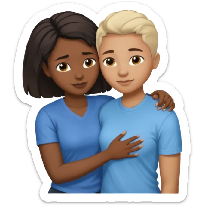 Black lesbian couple with one dark skin masculine with short hair low cut fade with a t shirt and one feminine with long hair in a blouse hugging  sticker