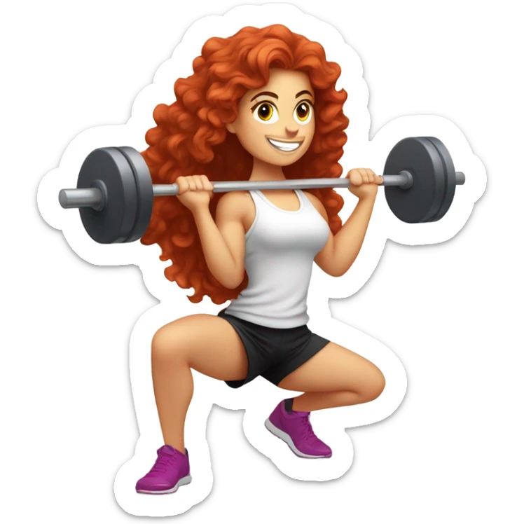 Sporty white Girl coach with long curly red hair doing squat with heavy weights sticker