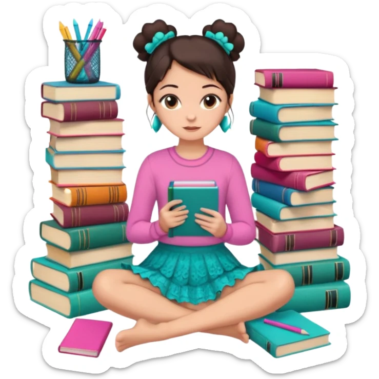 A brunette woman with straight, dark brown hair styled in two buns wears a pink long-sleeved shirt and a turquoise lace ruffled skirt. She is barefoot and holds a crayon in one hand. She sits cross-legged on the floor, which is covered with stacks of colorful notebooks. Art Deco style illustration. sticker