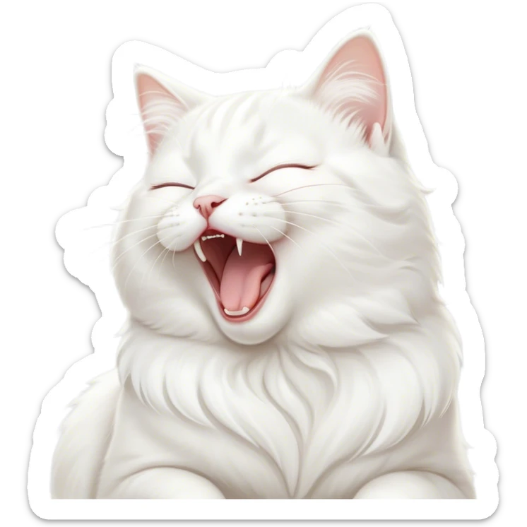 Cinematic Cute Yawning White Cat Portrait Emoji, Head gently tilted with an endearing, wide-open yawn and softly closed eyes, showcasing a pristine white fur with delicate hints of silver, simplified yet irresistibly adorable, highly detailed, glowing with a tender, cozy radiance, high shine, exuding sleepy charm and gentle affection, styled with a soft glowing outline, capturing the essence of a white cat caught mid-yawn, radiating pure, adorable lethargy! sticker