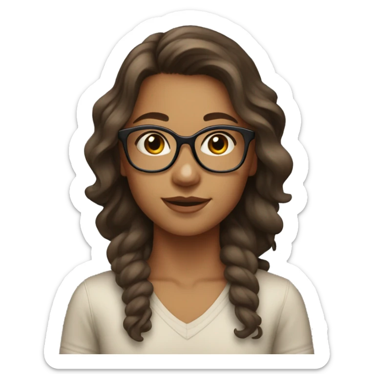 Girl with brown hair and brown eyes and tan skin with clear glasses and wavy hair sticker