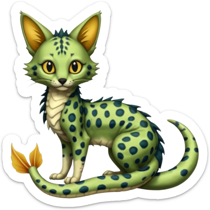 Realistic cute swampy greenish dark edgy spooky Flurry furry scary slimy oily glossy wet gloomy dusky scaly sergal-serval-possum-sphynx-Koi-sergal-fusion-animal-hybrid-creature with a snake-tail sticker