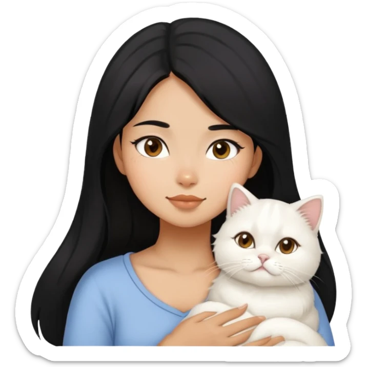 Black hair filipina girl snuggling with one white Persian cat sticker