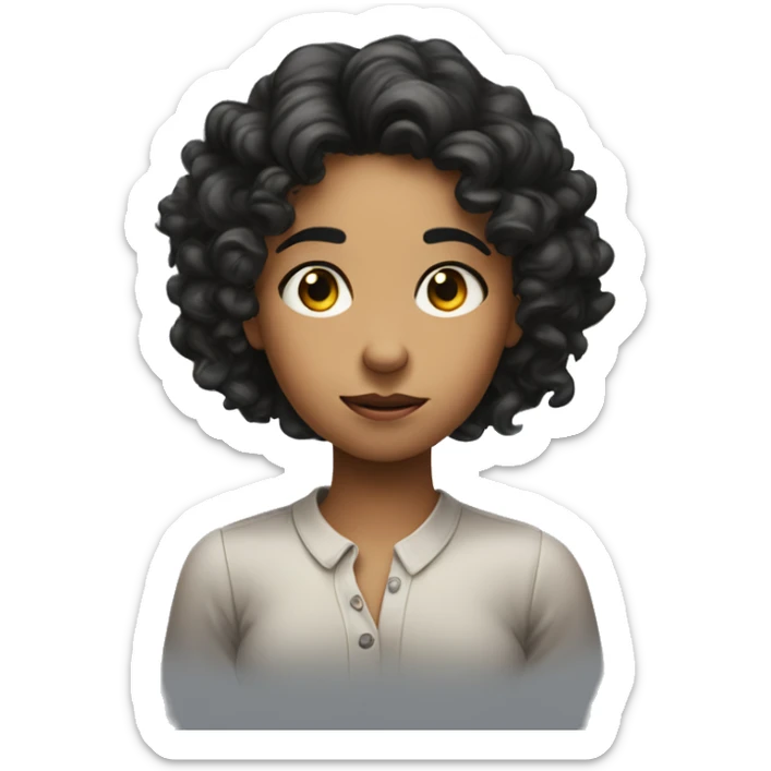The girl is rolling her eyes and holding two fingers laying on her left side of the head with black curly long hair sticker