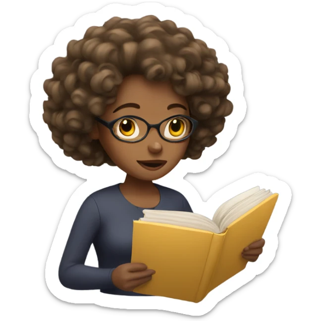 woman with curly hair reading sticker