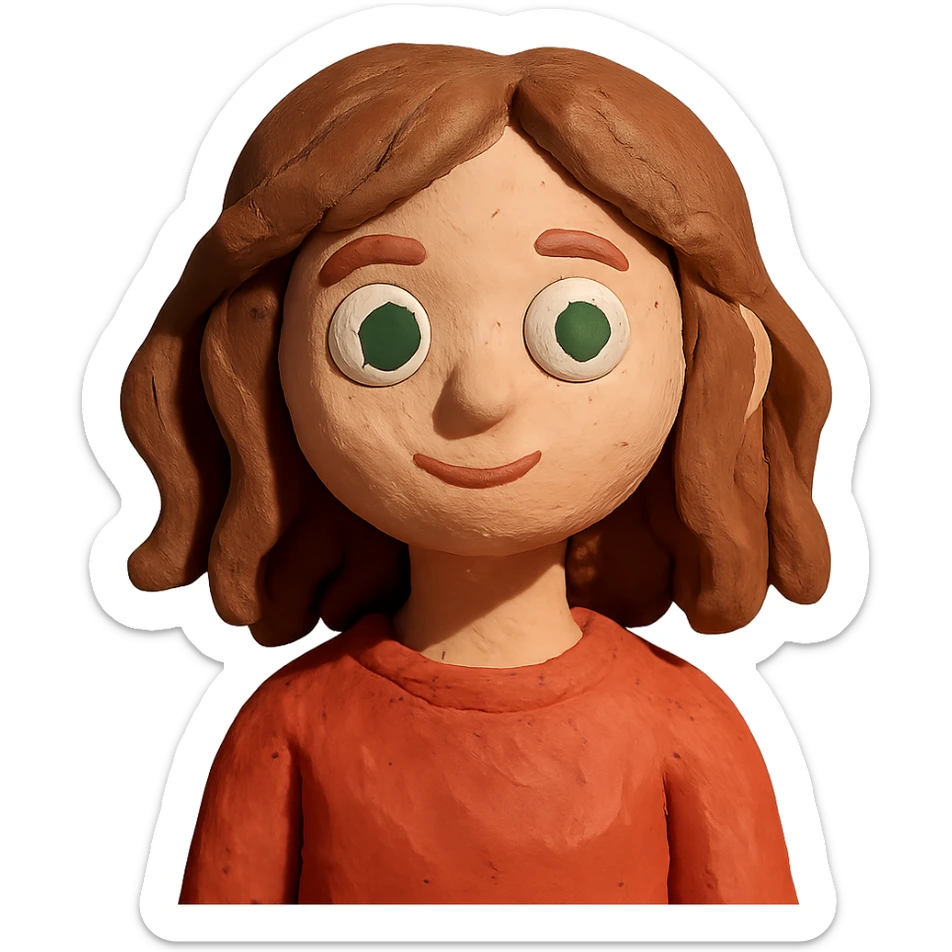 claymation style girl with green eyes and slightly wavy brown hair sticker