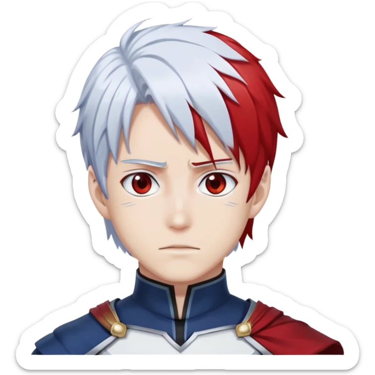 Shoto Todoroki from My Hero Academia with half red half white hair, heterochromia eyes one blue one gray, wearing his hero costume sticker