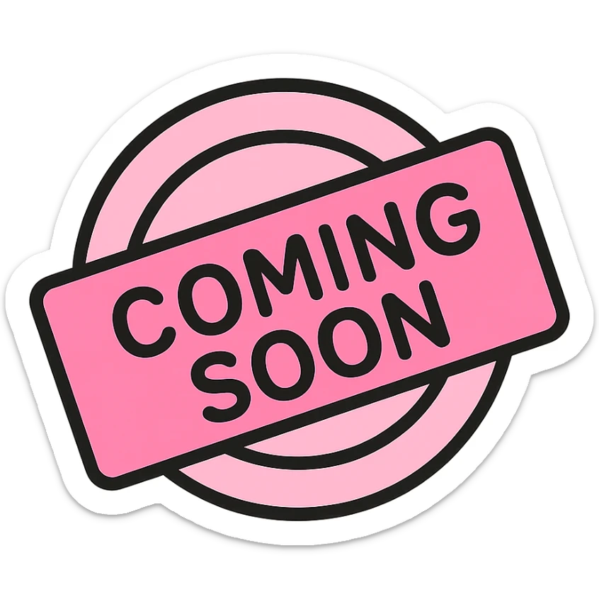 baby pink coming soon stamp, color outline style, bold and modern, slightly tilted, clear text sticker