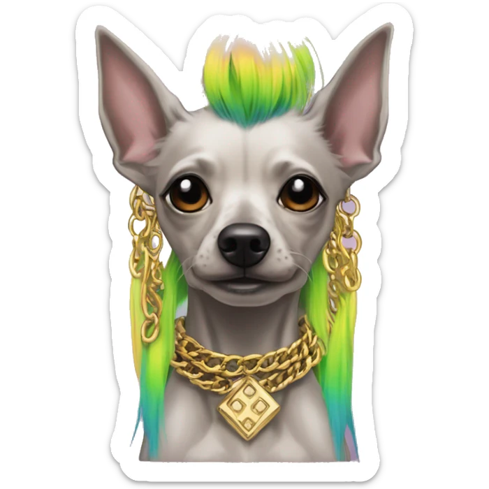 Punk Chinese crested dog neon rainbow hair gold chain punk piercings tattoos punk ear piercings sticker