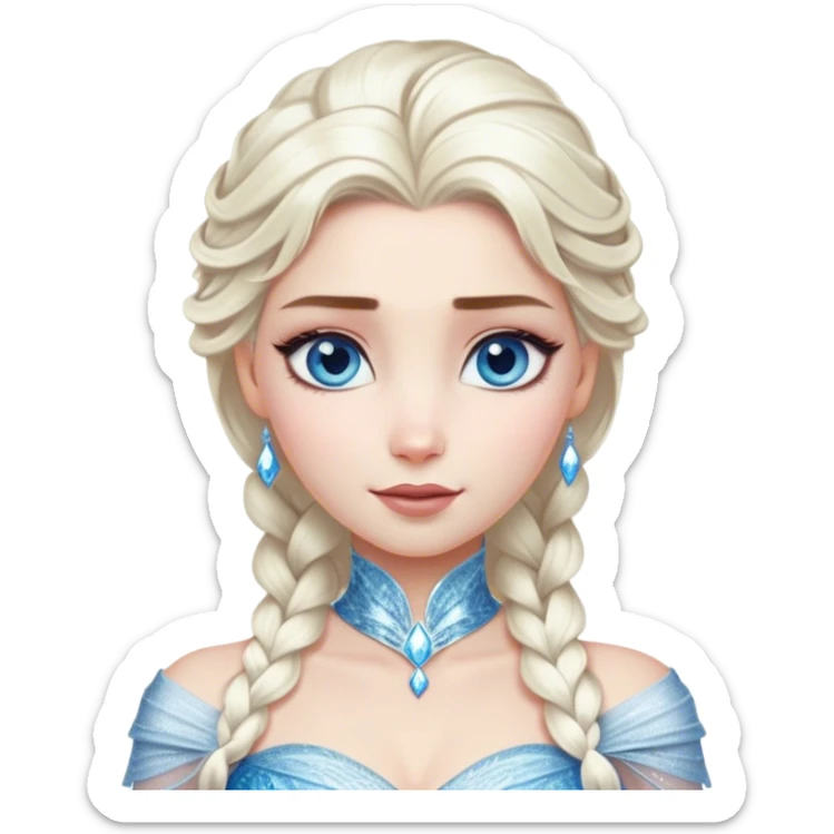 Cinematic Realistic Elsa Portrait, depicted with lifelike skin texture, soft natural lighting, and intricately detailed platinum blonde hair styled elegantly. Her striking, expressive blue eyes exude confidence and grace, complemented by a serene and regal expression. She is dressed in her signature icy attire, with shimmering fabric textures and delicate folds that catch the light beautifully. The portrait features a soft, enchanting glow with a cool, radiant finish, capturing the essence of timeless elegance in a realistic and painterly style, evoking a sense of depth and authenticity. sticker