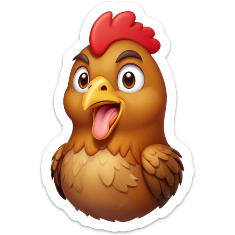 Cinematic Cute Yawning Brown Chicken Portrait Emoji, Head tilted slightly with a dramatic, wide-open yawn, showcasing a soft, fluffy brown plumage with a crisp red comb and gently drooping wings, round beady eyes barely open in drowsy contentment, Simplified yet irresistibly adorable features, highly detailed, glowing with a soft, cozy glow, high shine, relaxed yet expressive, stylized with a touch of whimsical charm, bright and endearing, soft glowing outline, capturing the essence of a sleepy yet affectionate chicken, so drowsy it feels like it could stretch out of the screen and curl up for a nap! sticker