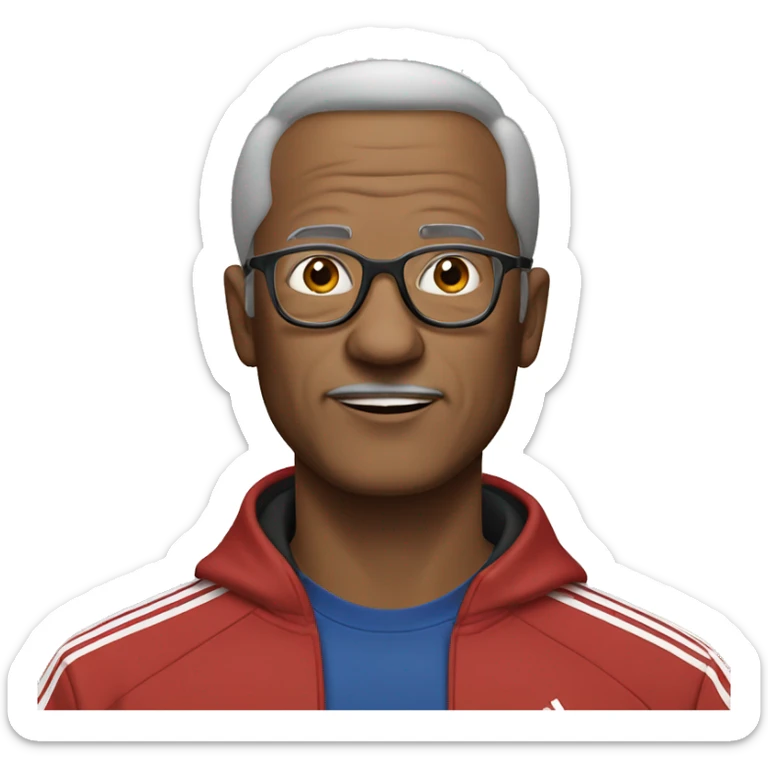 Older man wearing glasses and adidas tracksuit with young adult hair cut sticker