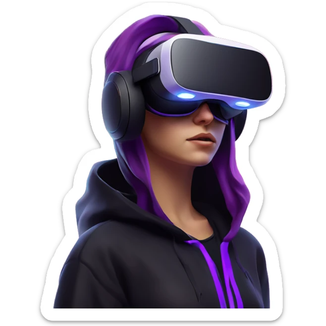 Russian girl wearing black hoody with violet letters "OMG", in vr headset oculus quest2. Standing like jedi. Cyberpunk style. Violet neon. sticker