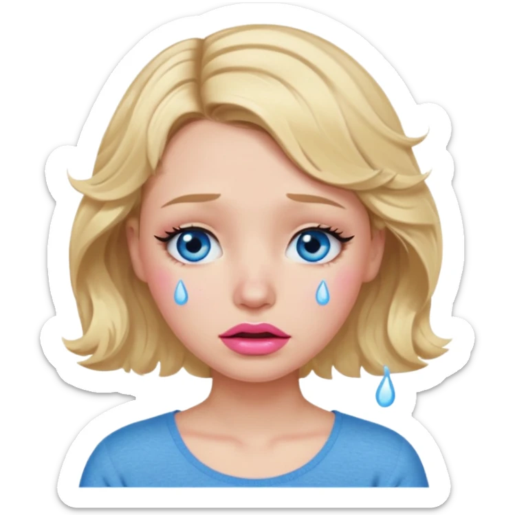 Girl Blonde short wavy hair,  blue eyes, cute blue top, long lashes, pink lips,crying with tears running down the face  sticker
