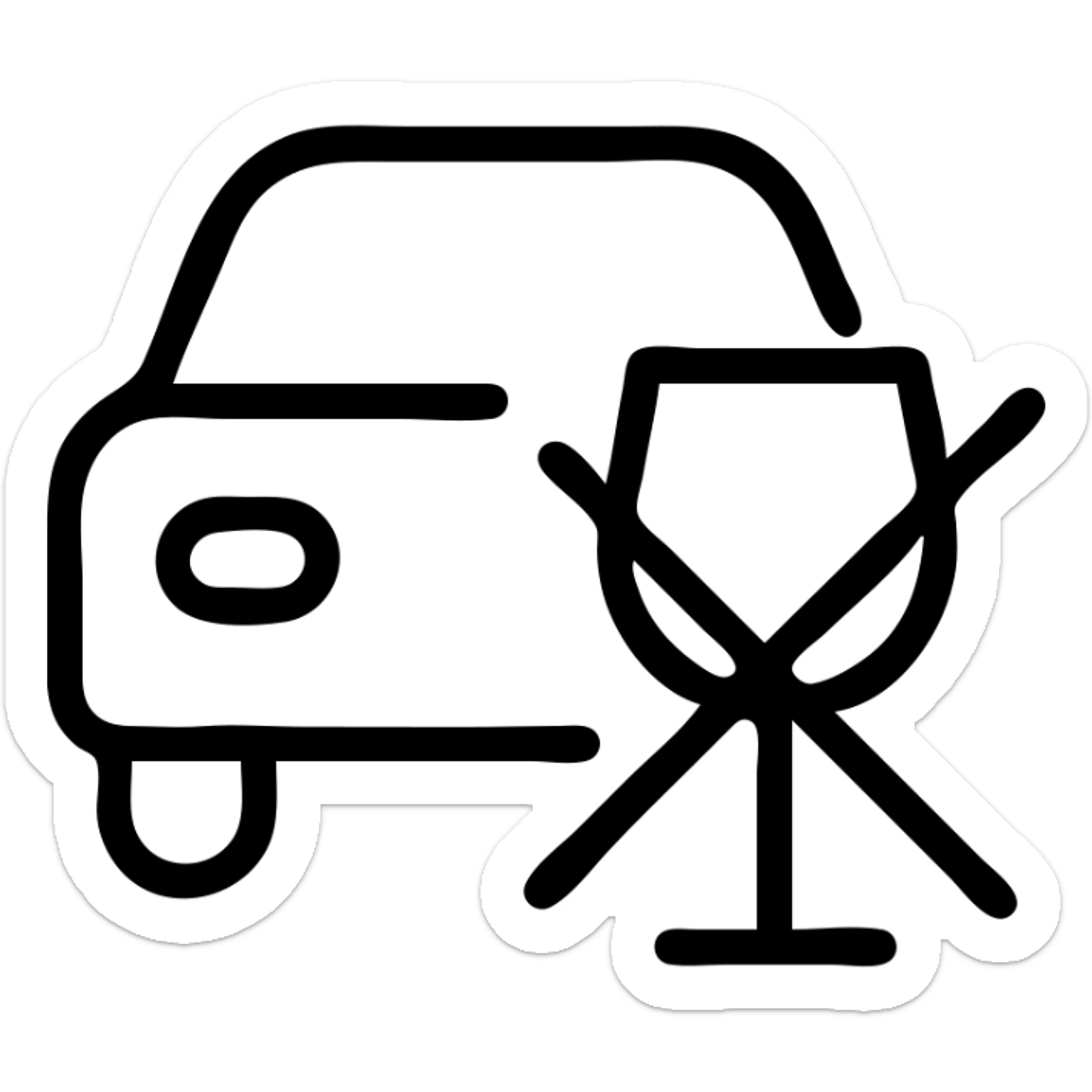 outlined icon of a car with a crossed-out wine glass, symbolizing no drunk driving sticker