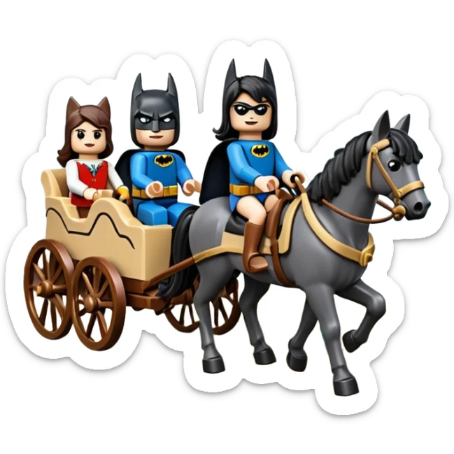  Rustic wood Lego detailed 1854 Batman driving and pretty dark-haired Catgirl riding a horse drawn family-size Caravan alone together on a romantic trail in the woods  sticker