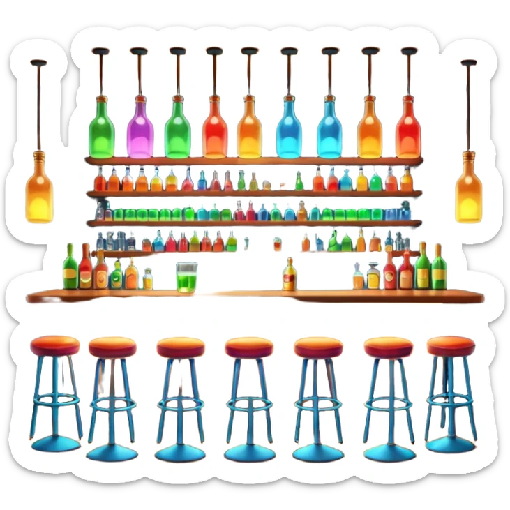 A 3D cartoon bar interior with a counter, glowing shelves of colorful bottles, tall stools, and hanging lights, warm ambient lighting, realistic reflections, Memoji-style. sticker