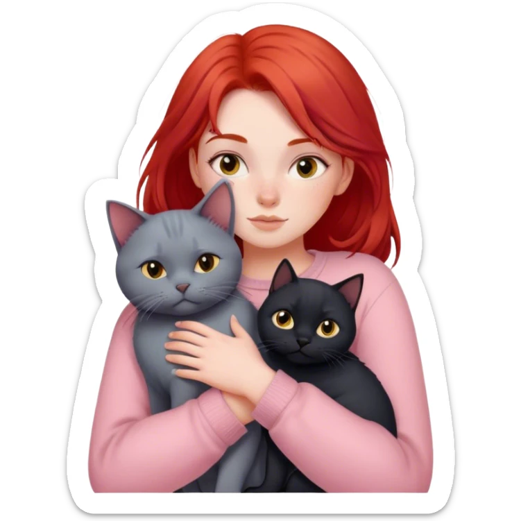 
a girl with red hair in pastel clothes hugs a black British cat sticker