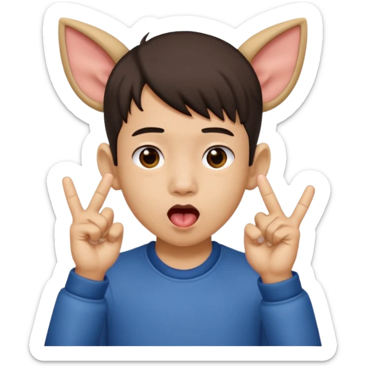 a boy with asian eyes holding his ears out with 2 fingers and with his tongue out sticker