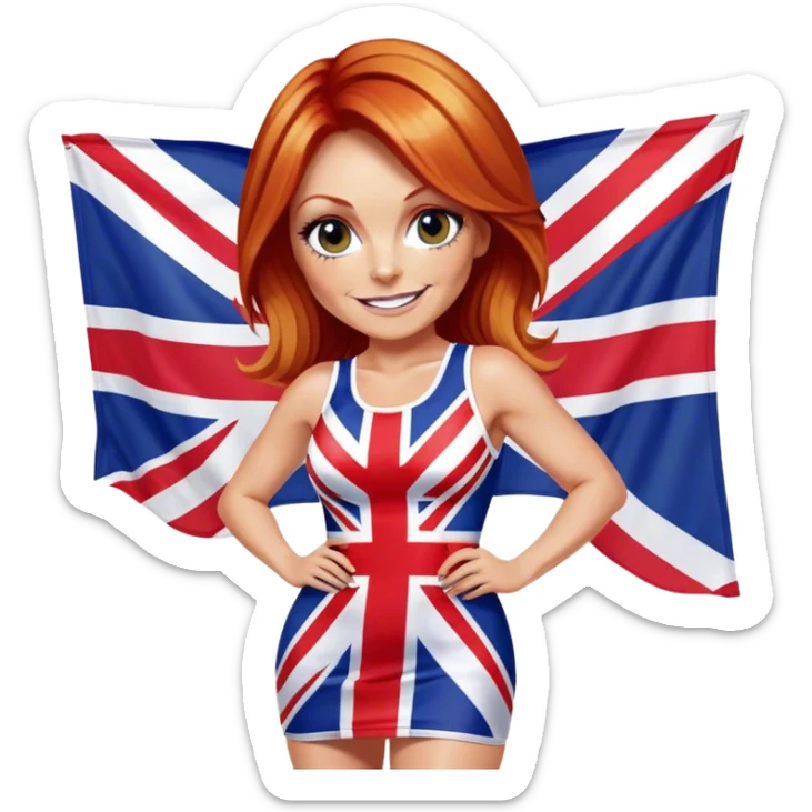 Geri Halliwell smiling with red hair and blonde highlights wearing a short bodycon Union Jack flag dress sticker