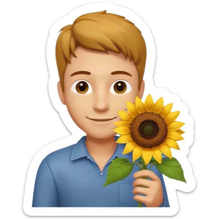 man holding a sunflower portrait, head and shoulders only, gentle smile, sunflower visible in hand, warm positive vibe, 3D cartoon style, mobile game icon style, clean background, no text, no watermark
 sticker