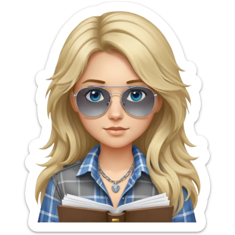 girl with long blond messy hair wearing grey plaid shirt with blue eyes and aviator sunglasses wearing a ring on her silver necklace, holding lawyer papers sticker