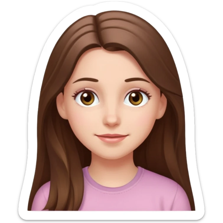 happy white long brunette hair girl with hazel eyes in light pink with a thought level sticker