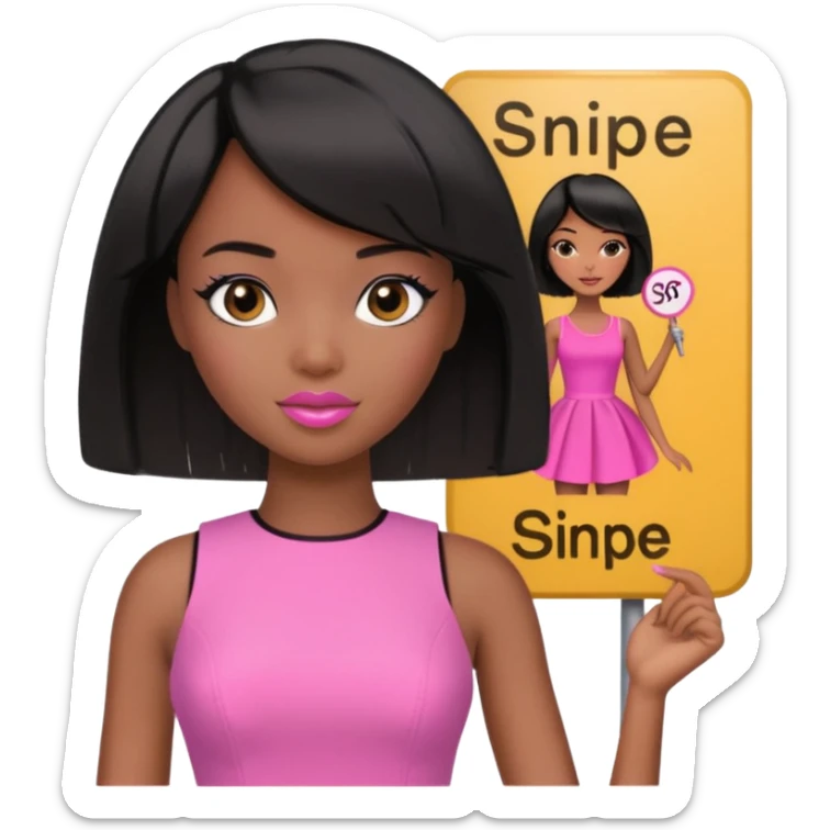 Black barbie, short  black bob  hair, pink dress with a sign that says snipe sticker