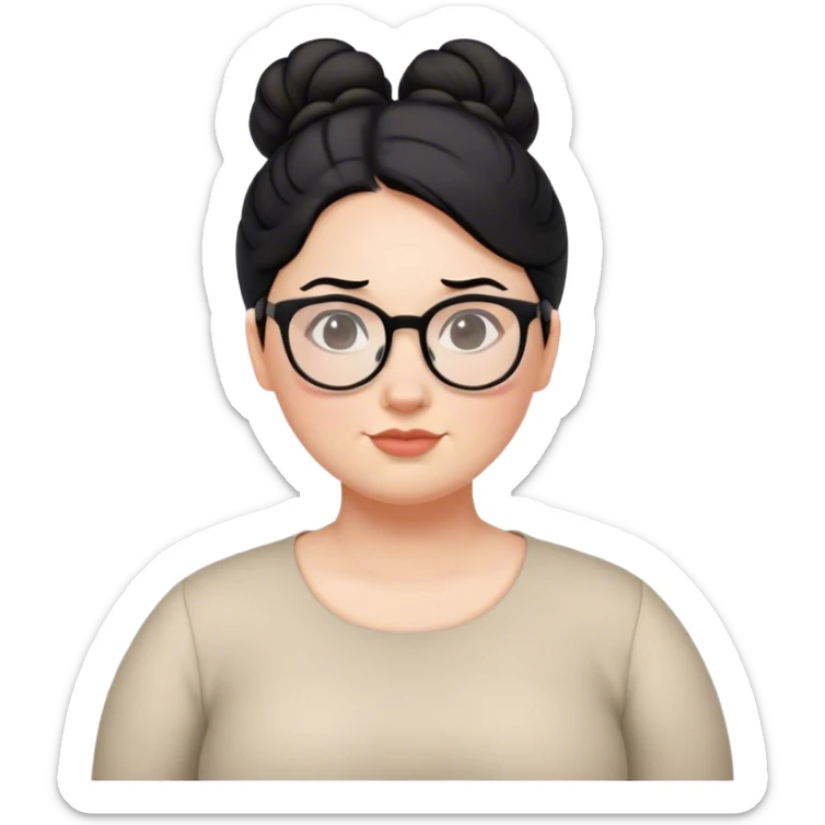 pale chubby female teacher with black hair in a updo bun, wearing glasses sticker