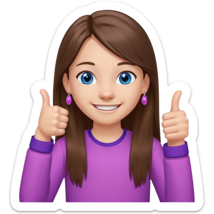 11 year old girl, blue eyes, brown long ish straight hair, smile and two thumbss up with purple STUD earings and a pink shirt, and that you can see my whole body, and no teeth in my smile sticker
