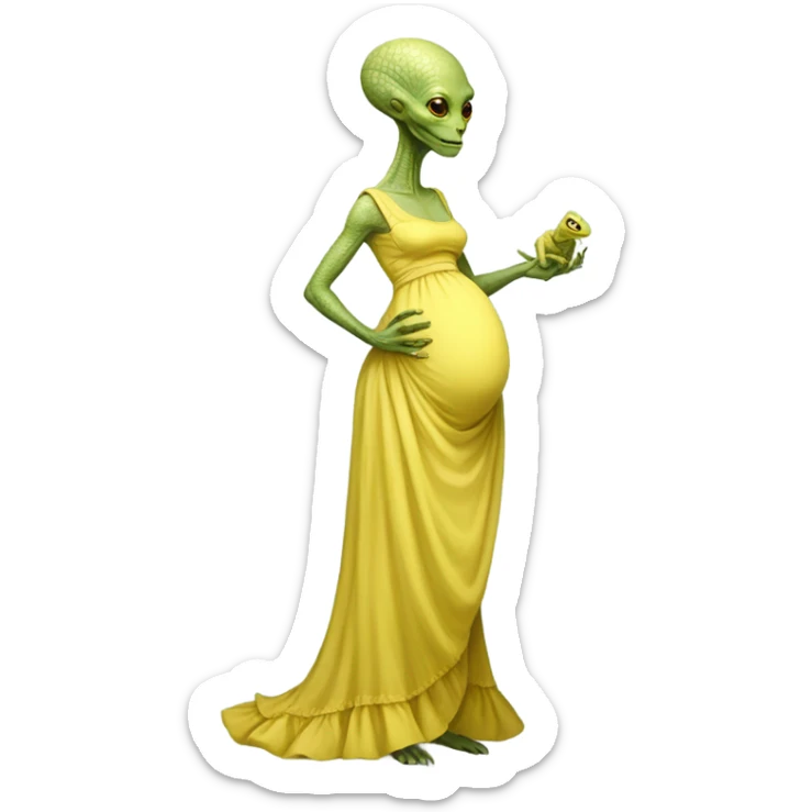 Pregnant reptilian alien woman, full body, in victorian jellow elegant dress sticker