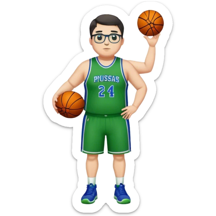 Full Body plus size tall white male with dark short hair basketball player wearing glasses wearing blue  with green uniform sticker
