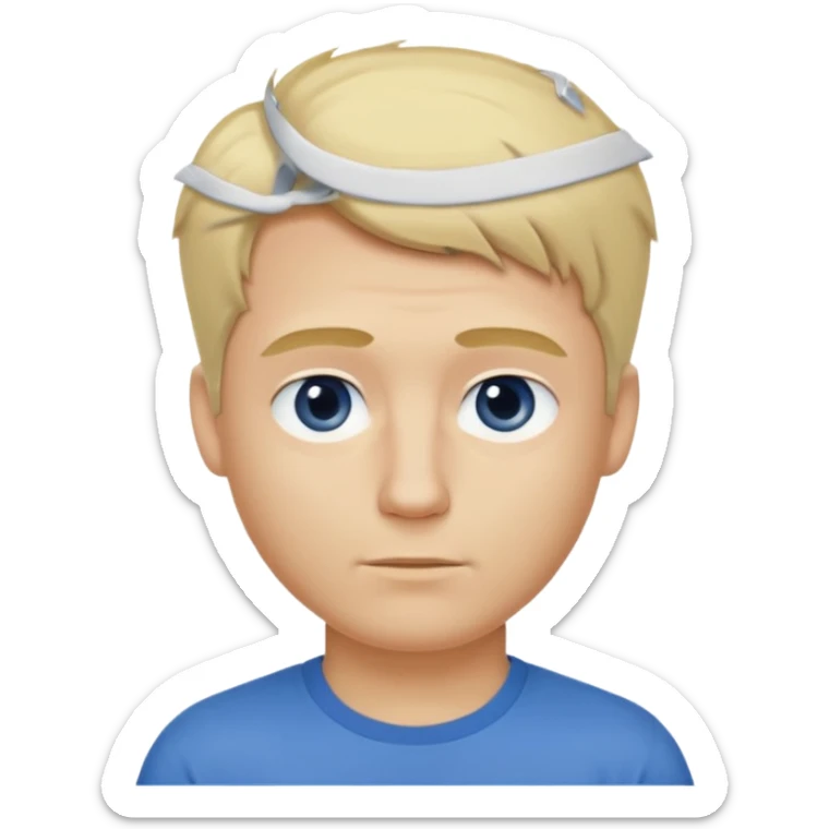 Crée l’emoji d’un homme blond , cheveux court mais un peu de cheveux sur le dessus , yeux bleus , nez avec une bosse, grain de beauté dans le cou. TEE shirt blanc  sticker
