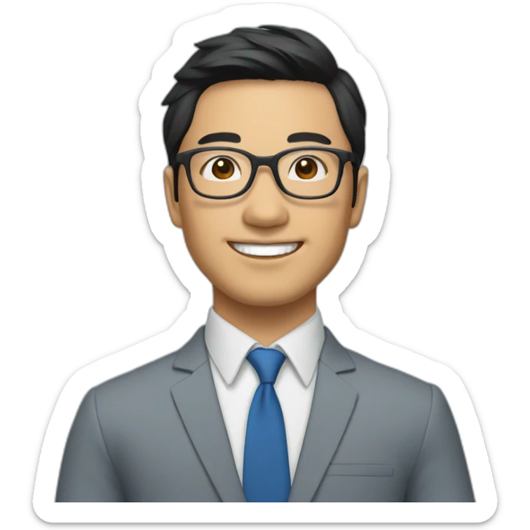Young Business man with Black hair and round Glases, smiling, asian, blaue suit, without tie sticker