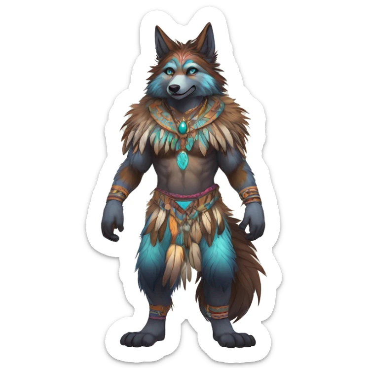Anthro Fluffy Colorful Shy Spiritual Shamanic WereWolf-sona With Shiny Tribal Markings wearing feathers Full Body Detailed High Quality sticker