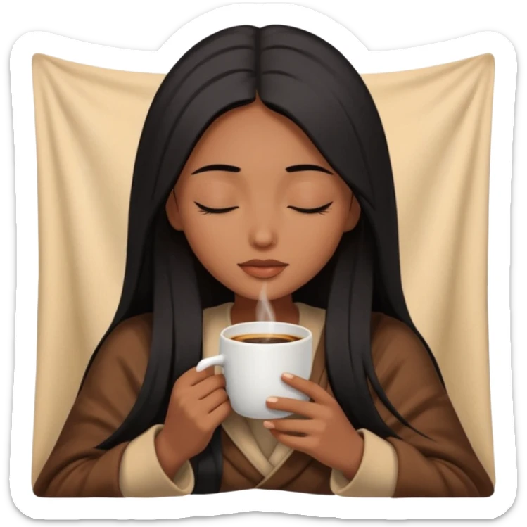 Chocolate brown girl with long straight jet black hair inside a blanket sipping coffee eyes closed sticker