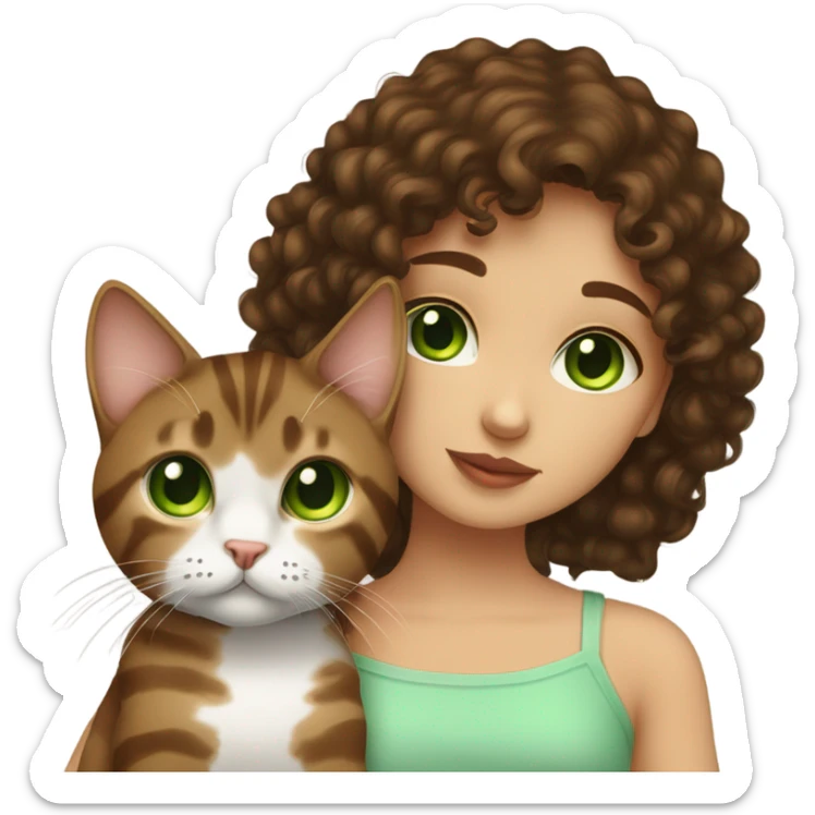 Dark brown curly haired girl with hazel eyes kissing a brown tabby cat with green eyes sticker