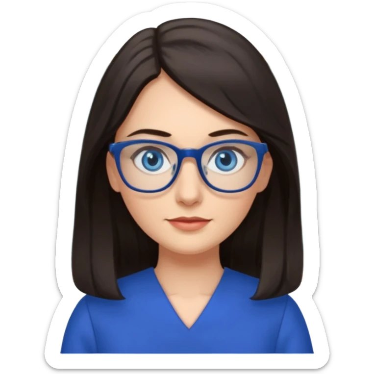 long dark hair, blue eyes, glasses teacher female, blue dress sticker