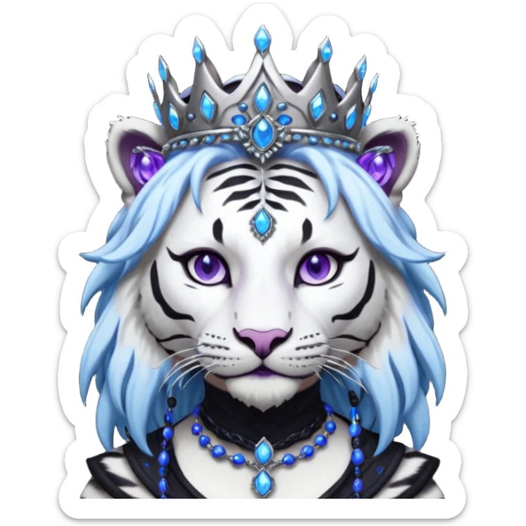 ESO Female white/black tiger khajiit leader of the umbral rose, glowing blue eyes, glowing blue 'third eye' gem, black beaded dreadlocks; silver crown/tiara with purple gems sticker