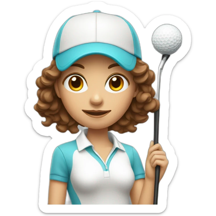 female with brown wavy hair dressed in golfwear with golf club and golf ball sticker