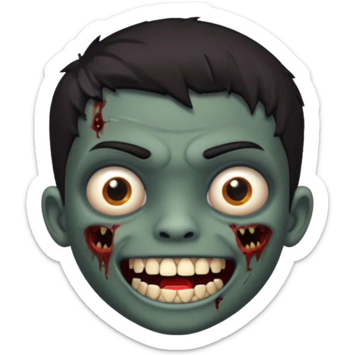 Make a boy zombie dark skin and short black 4c hair, showing a grilz teeth sticker