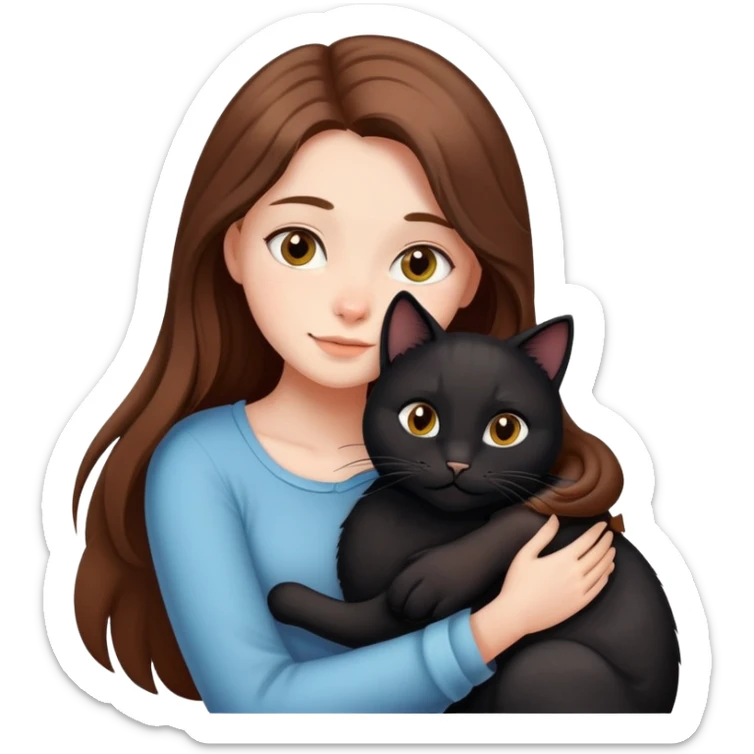 A girl with long brown hair hugs a black cat tightly sticker