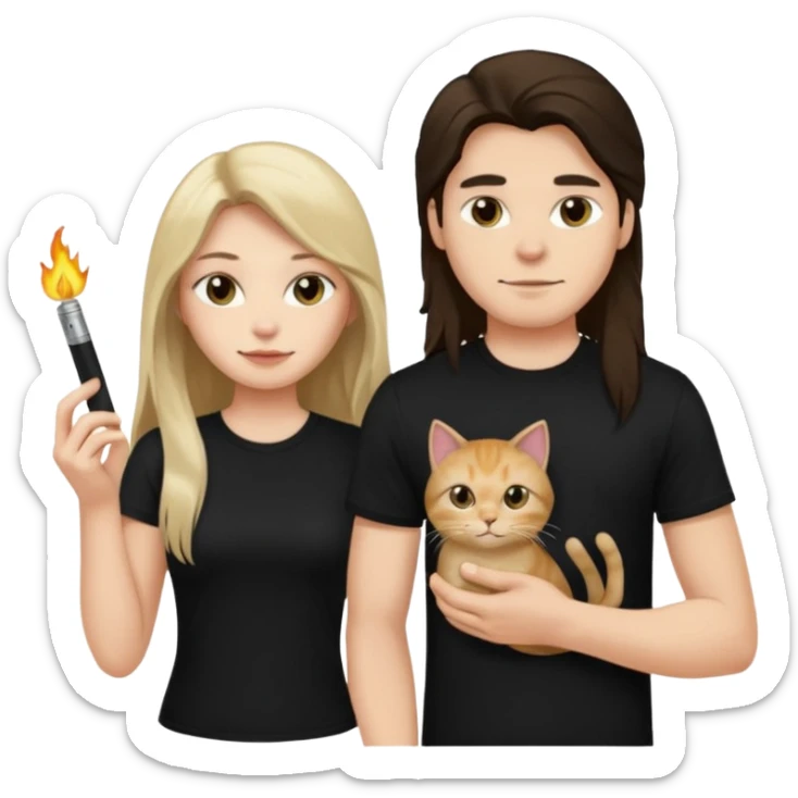The man is wearing a black shirt and the women is wearing a black top and has longer hair. The cat is lighter  sticker
