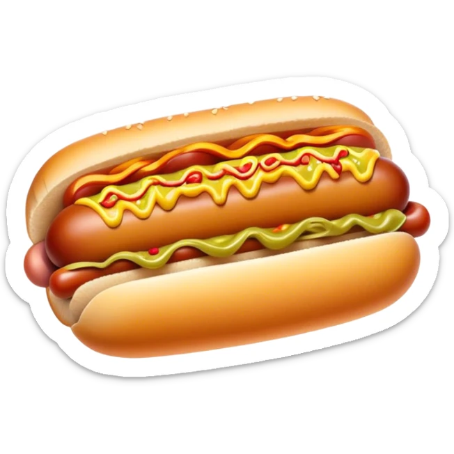 Cinematic Realistic Hot Dog Dish Emoji, featuring a classic hot dog in a bun topped with mustard and relish rendered with crisp textures and vibrant, dynamic lighting. sticker