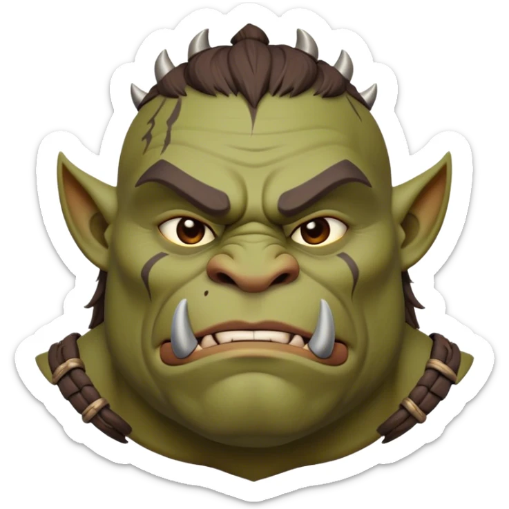 Cinematic Noble Ogre Portrait Emoji, Majestic and imposing, with a rugged, muscular form in deep earthy greens and browns, adorned with battle scars and subtle tribal markings, exuding calm, noble strength and unexpected wisdom, simplified yet strikingly detailed, glowing with a shadowy outline that captures the essence of a gentle giant with fierce heart! sticker