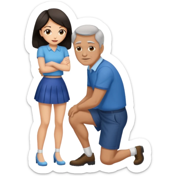 older man with dark hair on knees, facing dark haired woman in a micro mini skirt, hugging her waist sticker
