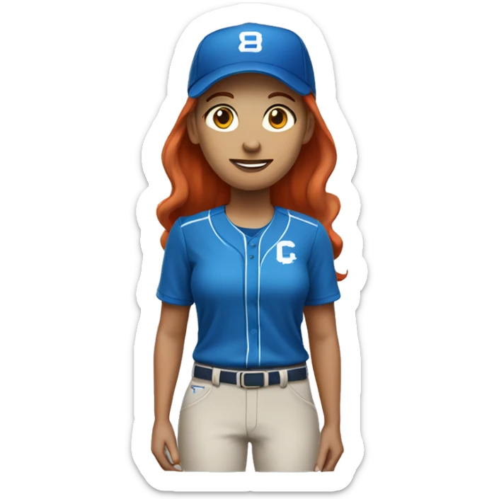 white female coach standing up with red hair in blue shirt and with a simple colored blue baseball hat sticker
