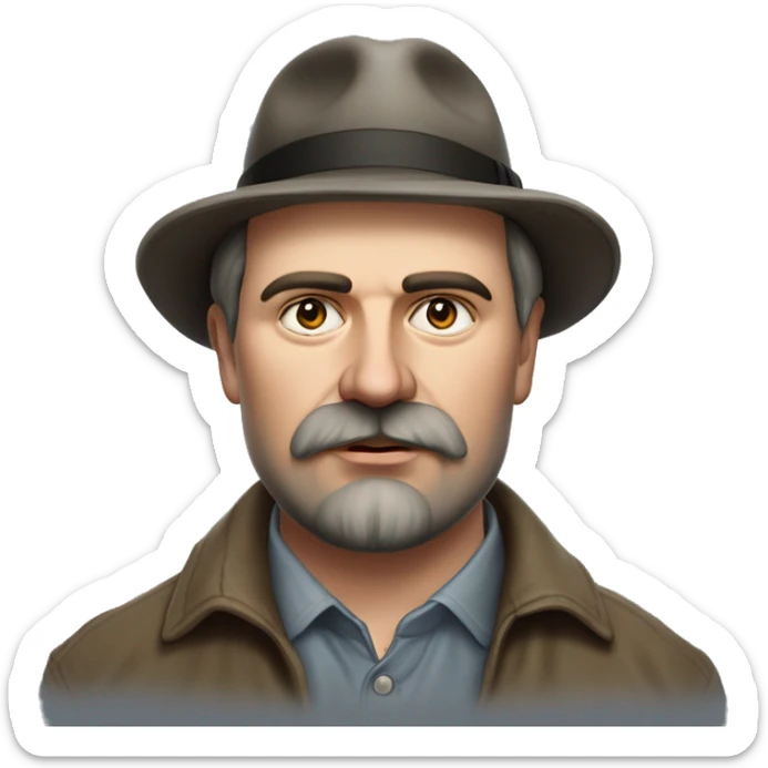 Russian writer Alexander Kuprin Photorealism A plump serious man of Slavic appearance with Small eyes with goatee beard and mustache, with a  short haircut, big detailed face, wrinkled face, wearing a fedora hat sticker