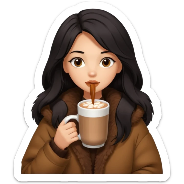 anned Girl with lashes , bright black long hair, in an extremely big fluffy brown oversized jacket, and drinking hot chocolate drink sticker